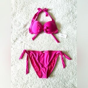 Colloyes Women's Halter Bikini Neon Pink Medium Top/Large Bottoms New with Tags